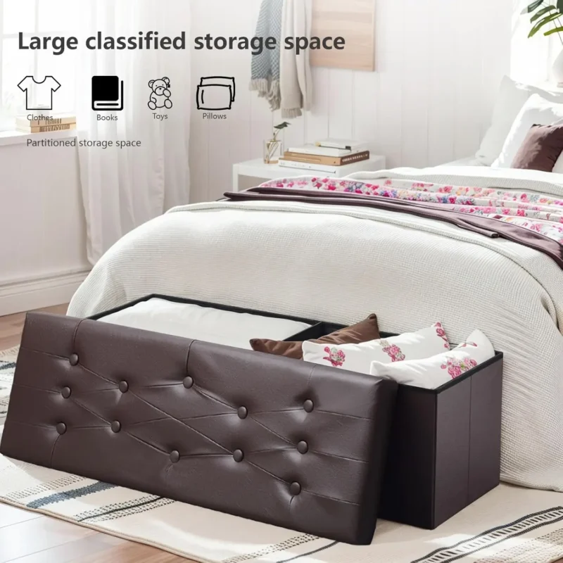 Modern Brown Folding Storage Ottoman Bench with Padded Seat for Living Room - Image 4