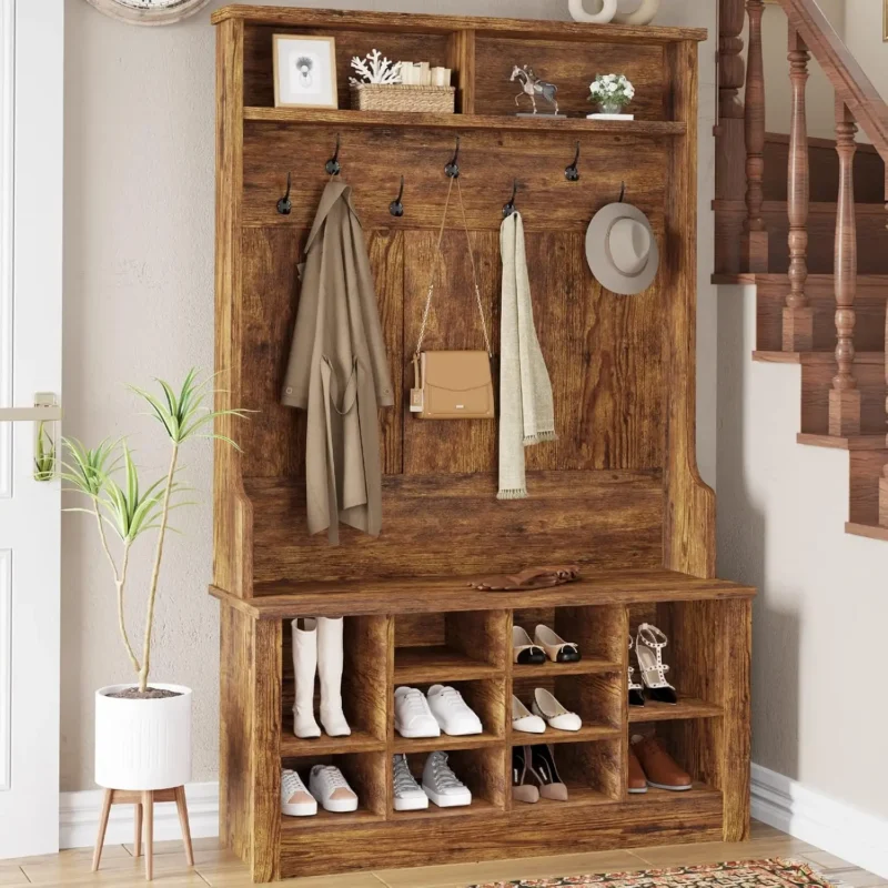 Vintage White Hall Tree Storage Bench with Adjustable Shoe Rack for Entryway Organization - Image 7