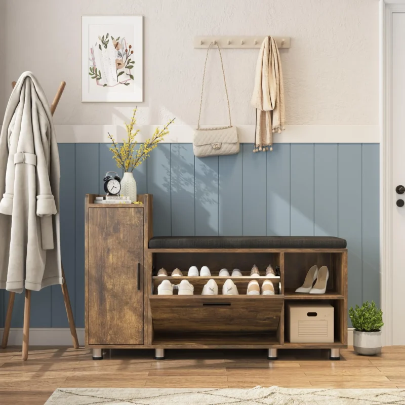 Modern Wooden Shoe Storage Bench with Padded Seat and Cabinet for Entryway - Image 8