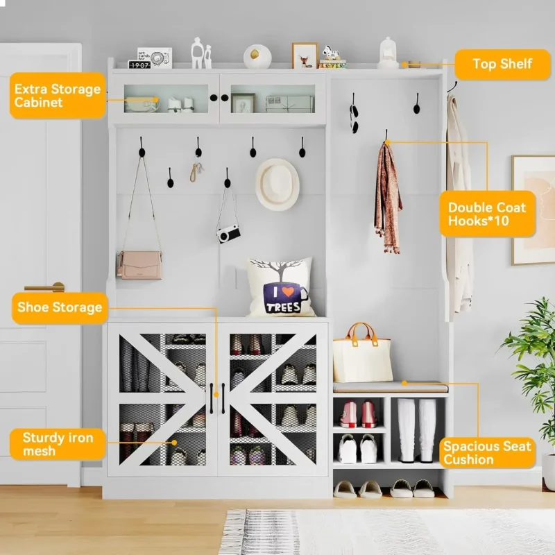 Farmhouse Wood Hall Tree with Storage Bench and Coat Rack for Entryway - Image 3