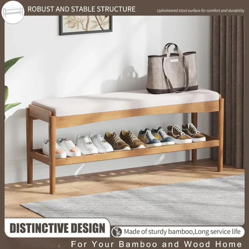 Natural Bamboo Entryway Bench with Cushioned Seat and 2-Tier Shoe Storage - Image 3