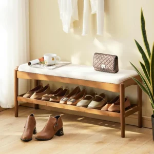 Natural Bamboo Entryway Bench with Cushioned Seat and 2-Tier Shoe Storage