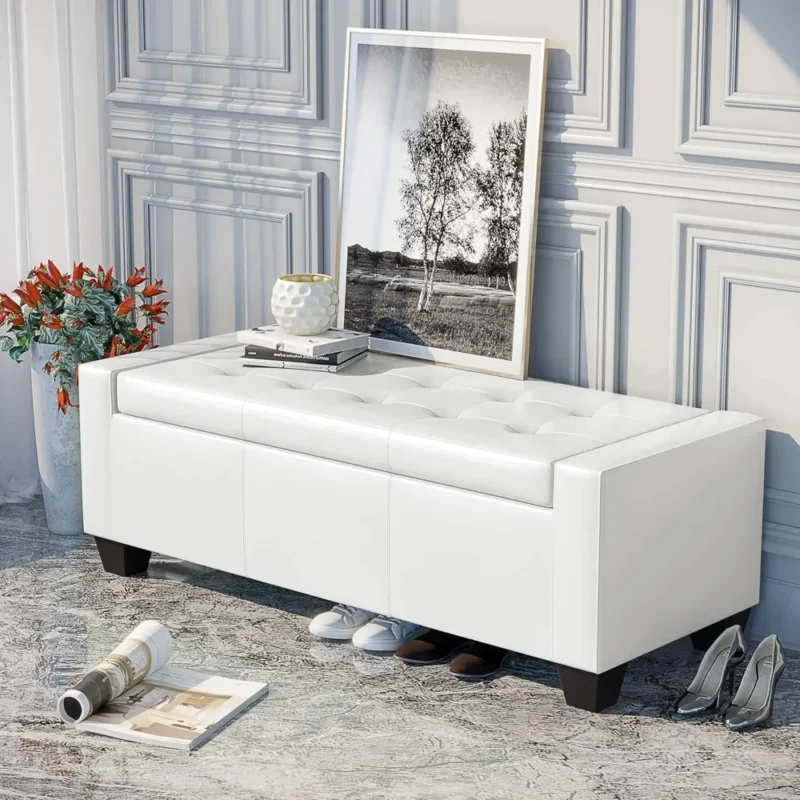 Modern Tufted Faux Leather Storage Ottoman Bench for Living Room and Entryway - Image 4