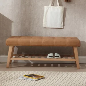 Modern Brown Leather Upholstered Entryway Bench with Shoe Storage for Living Room and Bedroom