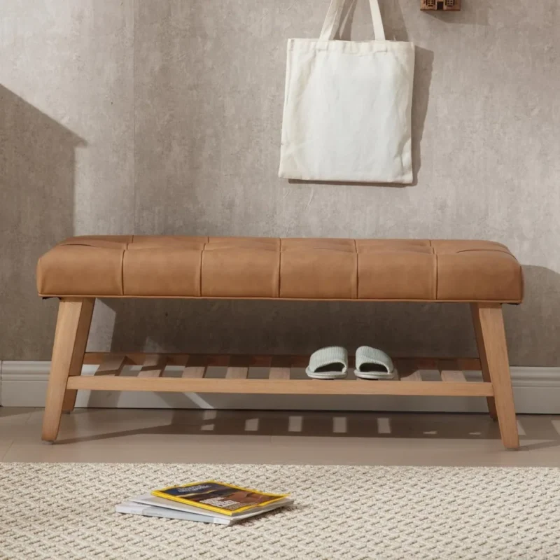 Modern Brown Leather Upholstered Entryway Bench with Shoe Storage for Living Room and Bedroom