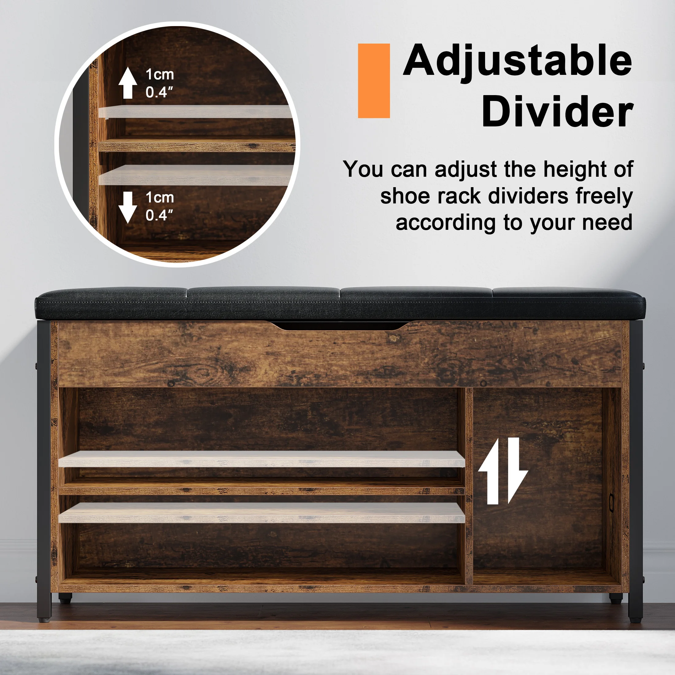 Closed storage bench with hidden compartments for entryway organization