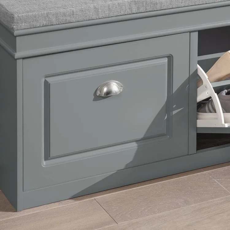 Space-saving hallway storage bench with cushion and hidden compartments