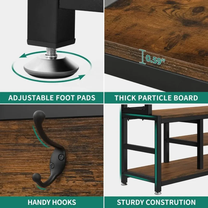 Industrial Wood Hall Tree with Bench and Shoe Storage for Entryway - Image 6