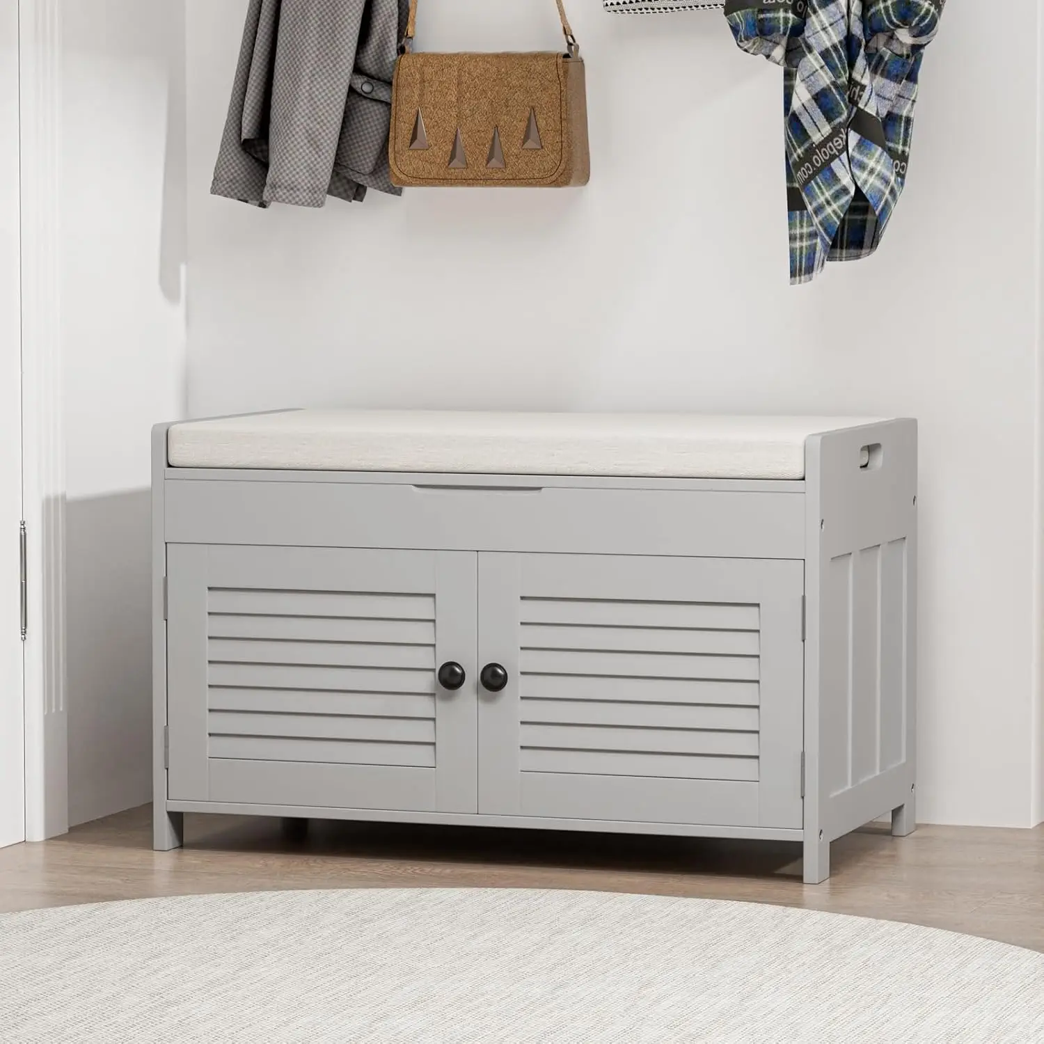 Contemporary entryway storage solution with modern open shelving design