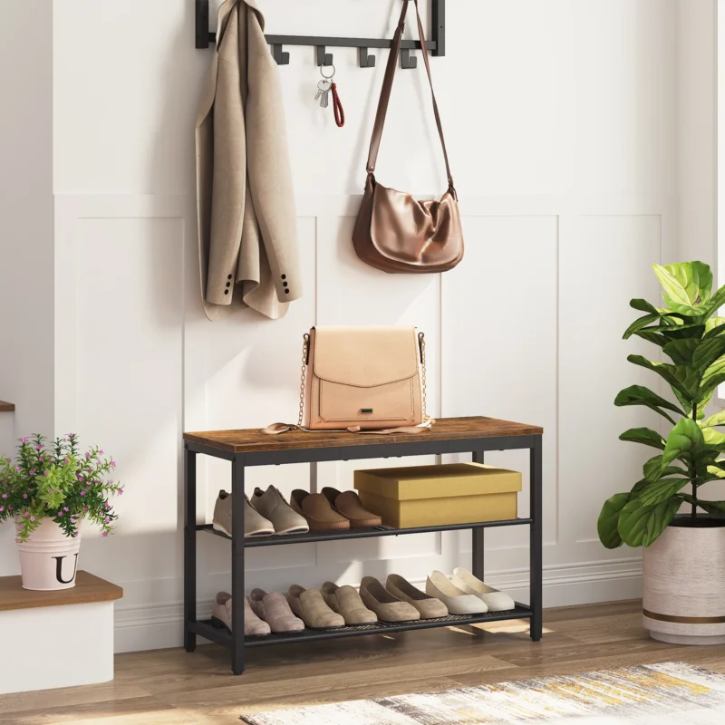 Industrial 3-Tier Shoe Storage Bench with Metal Frame for Entryway and Mudroom - Image 5