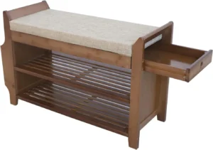 Bamboo Entryway Bench with Cushion Storage Drawer and Shoe Rack for Living Room