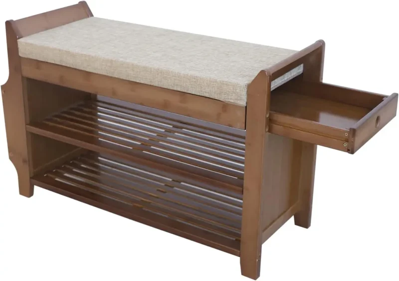 Bamboo Entryway Bench with Cushion Storage Drawer and Shoe Rack for Living Room
