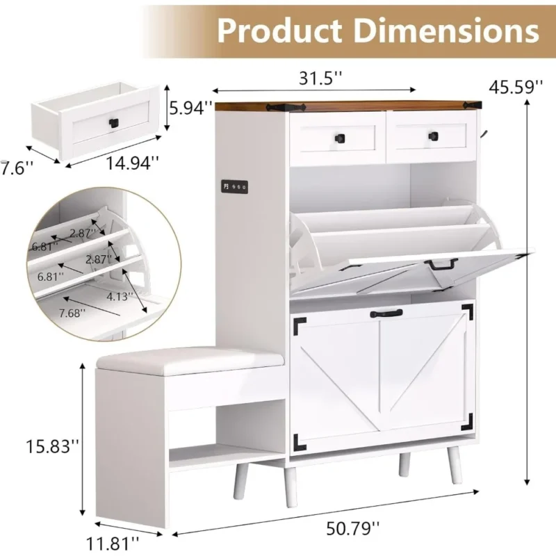 Modern Farmhouse Shoe Storage Bench with 4 Drawers for Entryway and Hallway - Image 3