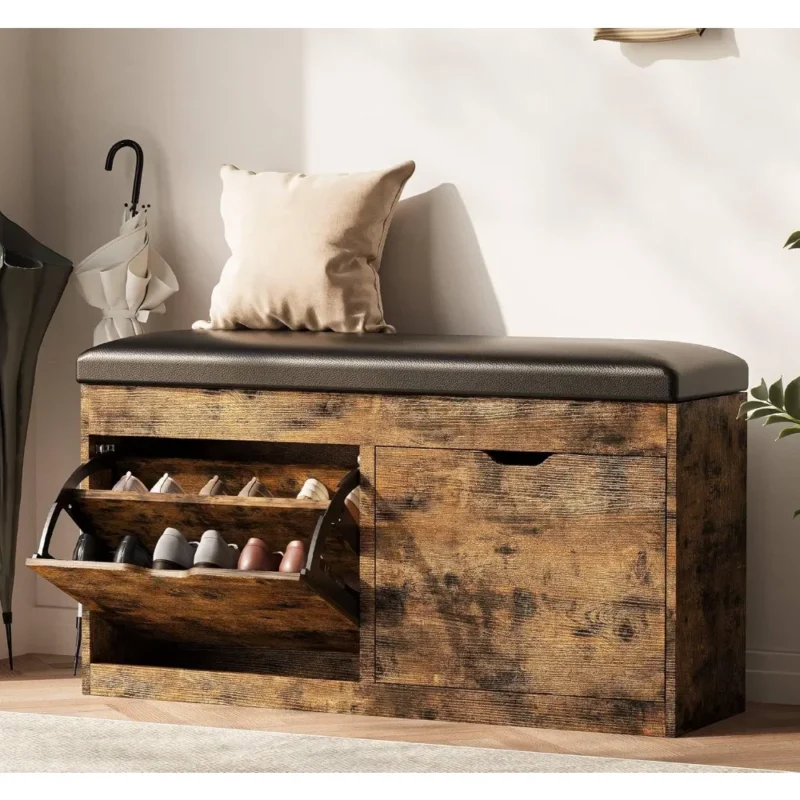 Modern Storage Entryway Bench with Flip Drawers and Cushioned Seat
