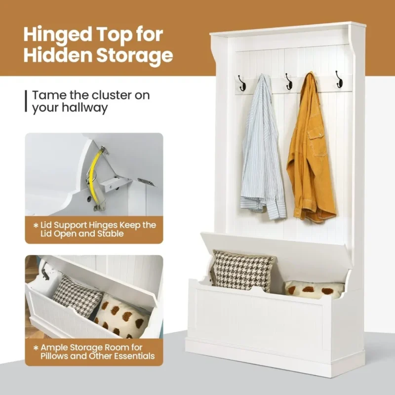 Rustic Hall Tree Storage Bench with 5 Double Hooks for Entryway Organization - Image 3