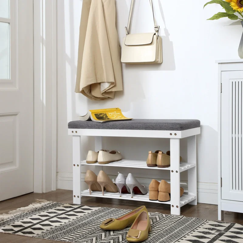 Modern Bamboo Entryway Bench with 3-Tier Shoe Storage for Living Room and Hallway