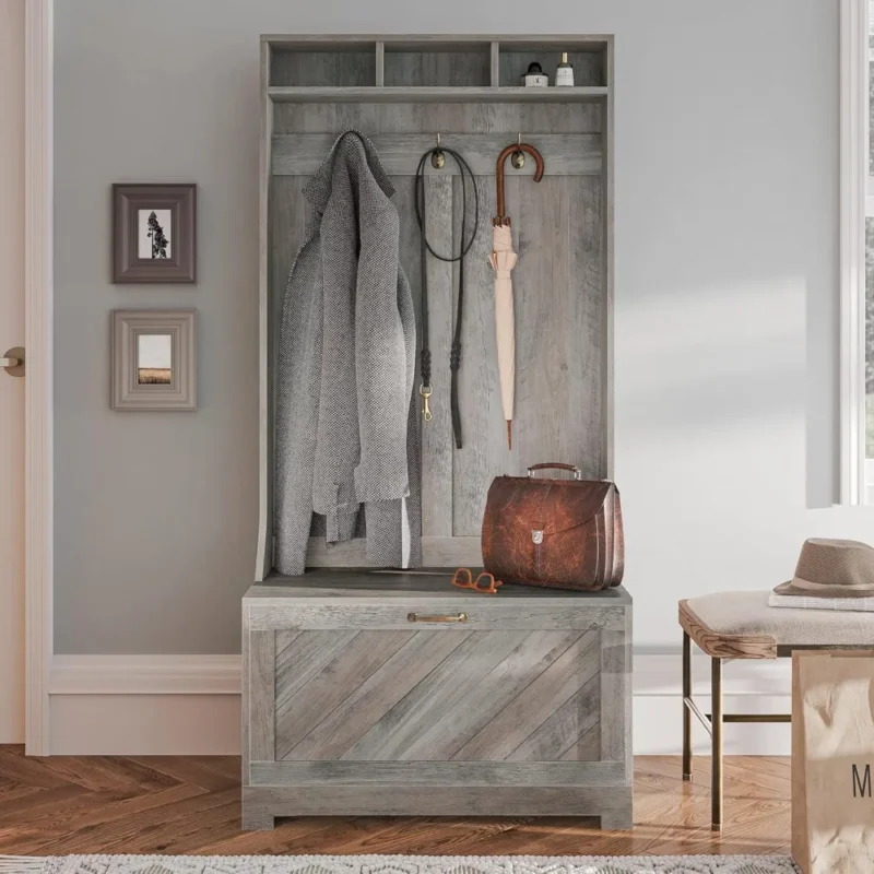 Modern Hall Tree Storage Bench with Coat Rack and Shoe Shelves for Entryway - Image 2