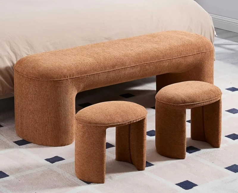 Elegant Chenille Upholstered Storage Bench Set with 2 Stools for Entryway and Bedroom - Image 7