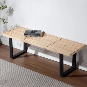 Industrial Wood Entryway Bench with Metal Frame for Bedroom and Dining Area