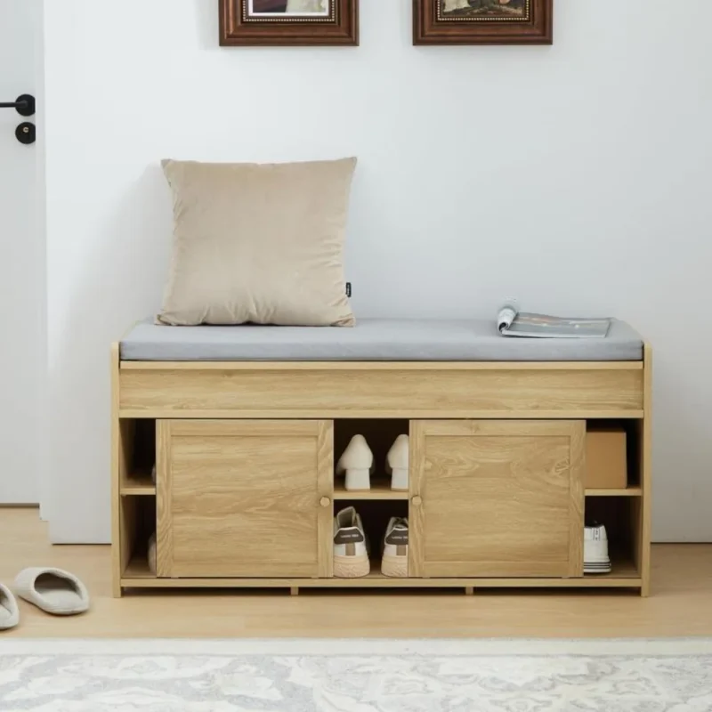 Transitional Storage Entryway Bench with Sliding Doors and Hidden Compartment for Hallway and Bedroom - Image 2