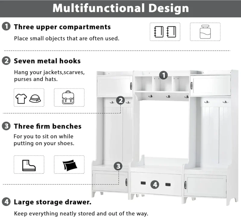 Modern Hall Tree Storage Bench with Coat Rack and Shoe Cabinet for Entryway - Image 3