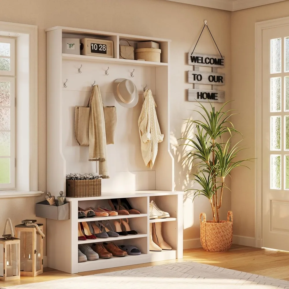 Modern hall tree with open shelving for dramatic entryway display and organization