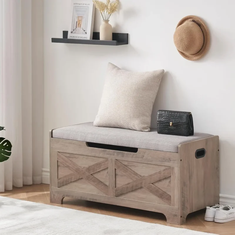 Rustic Wooden Storage Bench with Lift Top Seat for Entryway and Bedroom - Image 6