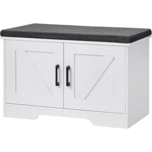 Farmhouse Wooden Entryway Bench with Adjustable Storage Shelves and Cushioned Seat