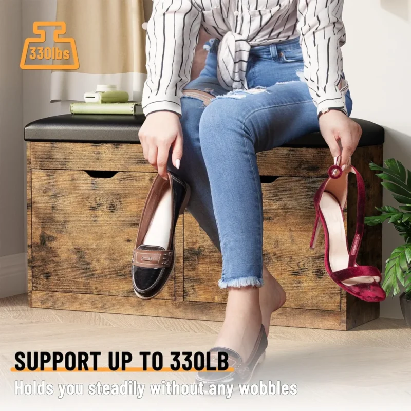 Modern Wooden Storage Bench with Padded Cushion and Hidden Shoe Compartments for Entryway - Image 4