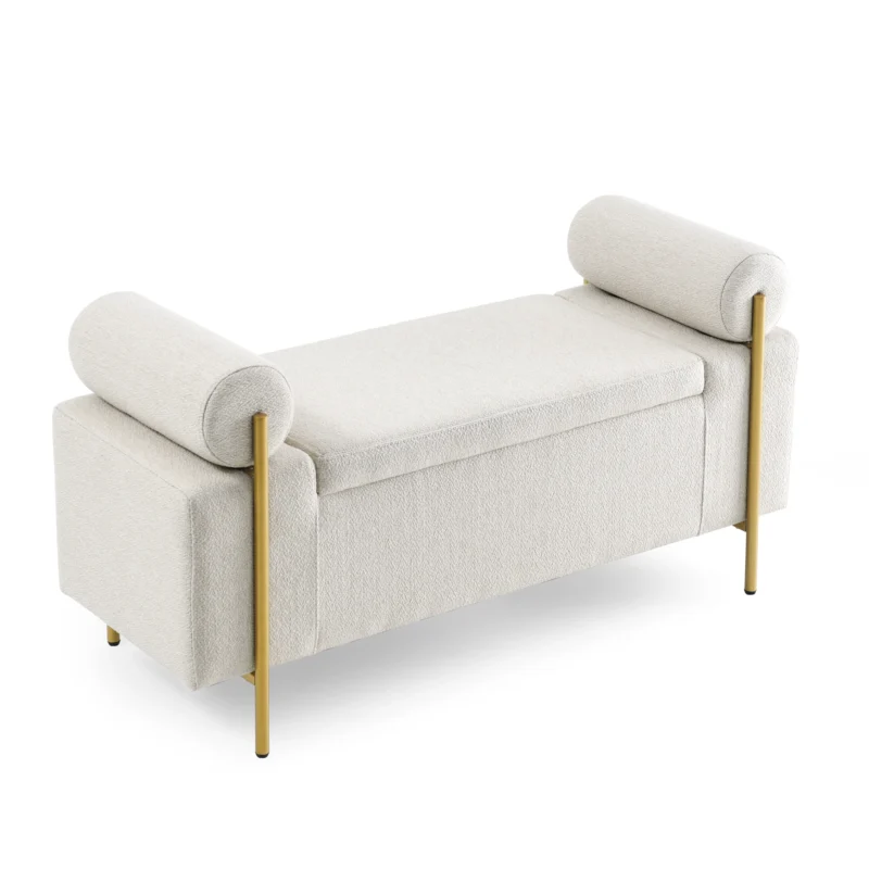 Modern Upholstered Linen Storage Bench with Cylindrical Arms for Entryway and Living Room - Image 5