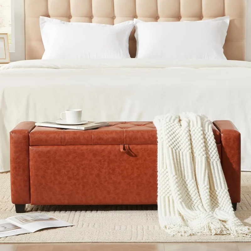 Modern Linen Upholstered Storage Ottoman Bench with Tufted Top for Bedroom and Entryway - Image 9