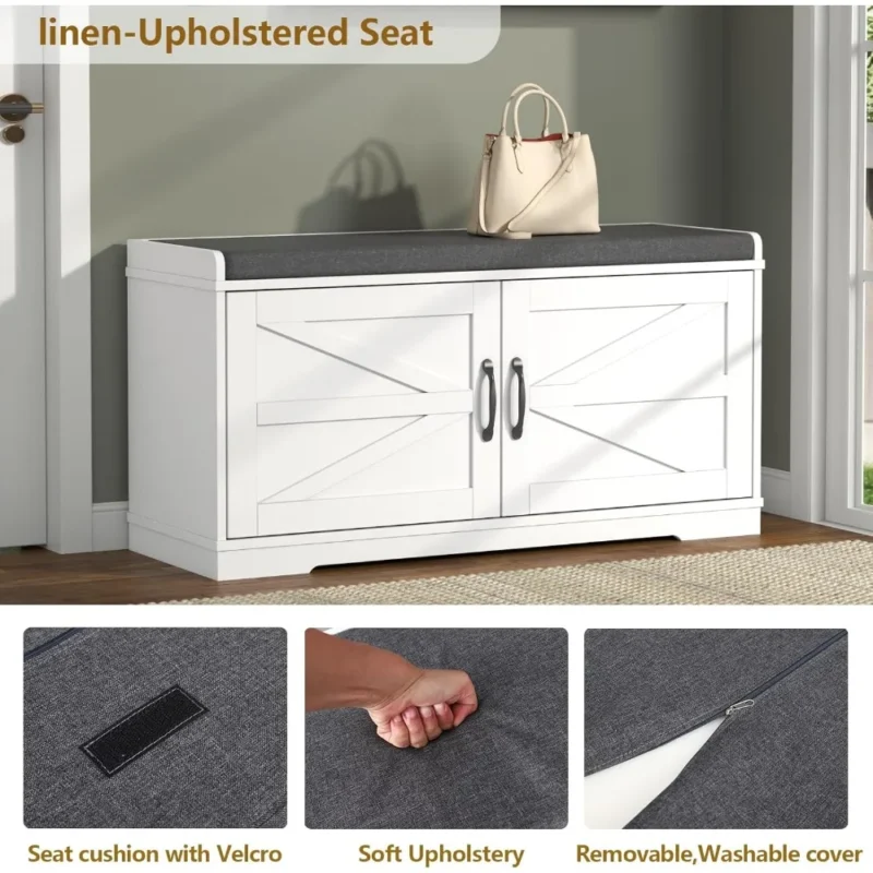 Farmhouse Wood Entryway Bench with Padded Seat and 2-Tier Shoe Storage - Image 5