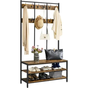 Industrial Hall Tree with Bench and 24 Hooks for Entryway Organization