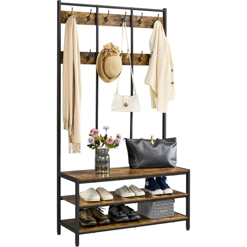Industrial Hall Tree with Bench and 24 Hooks for Entryway Organization
