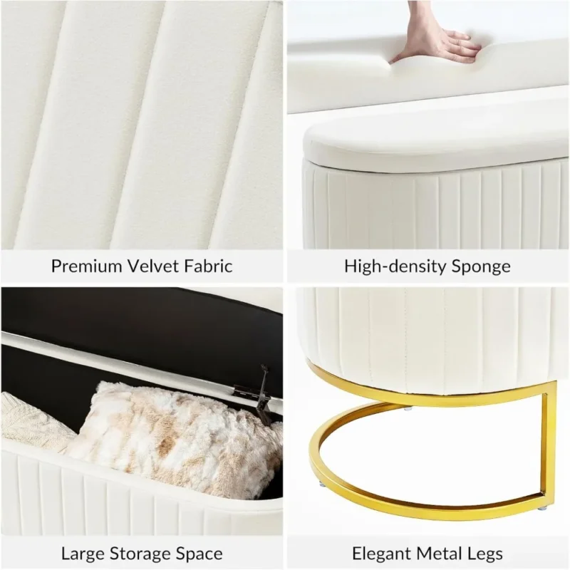 Modern Velvet Upholstered Storage Bench with Gold Legs for Bedroom and Entryway - Image 6