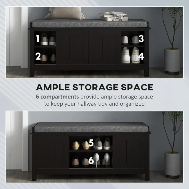 Modern Black Engineered Wood Entryway Bench with Sliding Door Shoe Storage for Hallway - Image 4