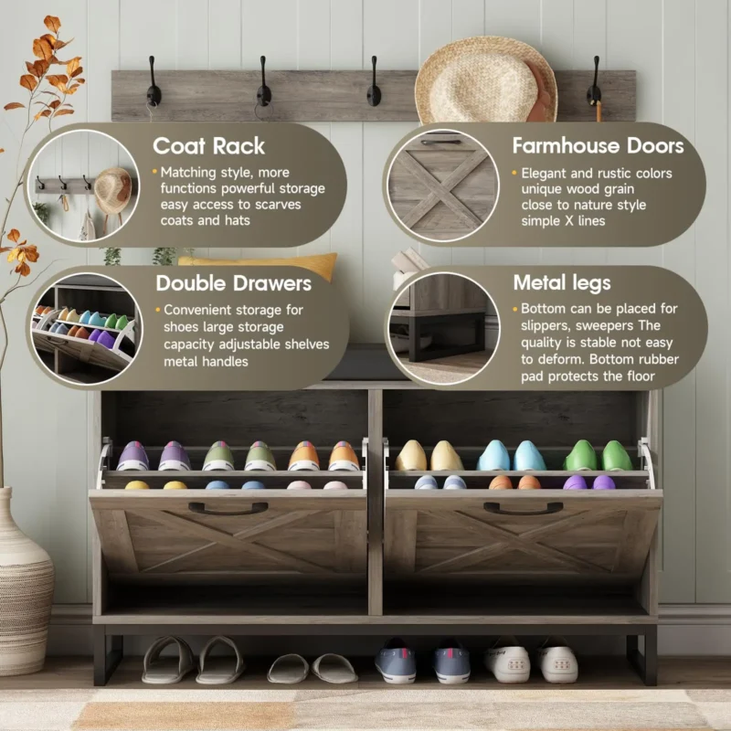 Modern Wooden Hall Tree Bench with Padded Cushion and Shoe Storage for Entryway - Image 5