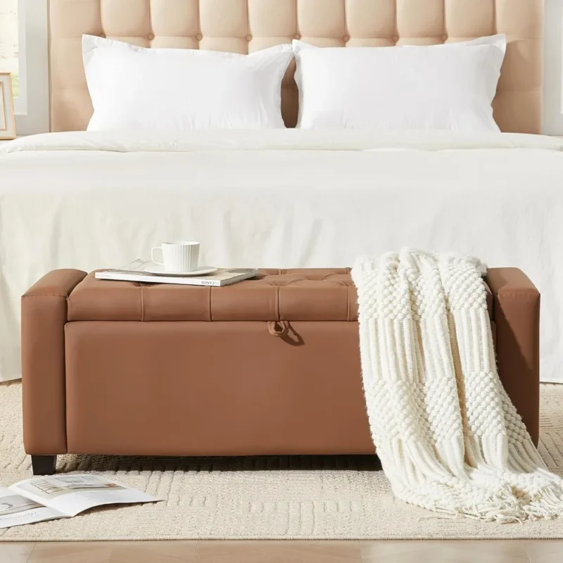 Modern Linen Upholstered Storage Ottoman Bench with Tufted Top for Bedroom and Entryway