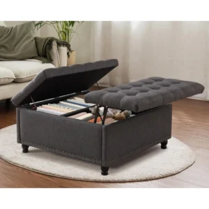 Modern Linen Square Storage Ottoman with Lift Top for Living Room