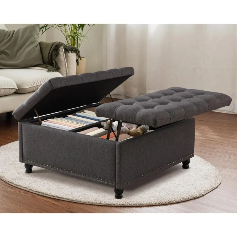 Modern Linen Square Storage Ottoman with Lift Top for Living Room