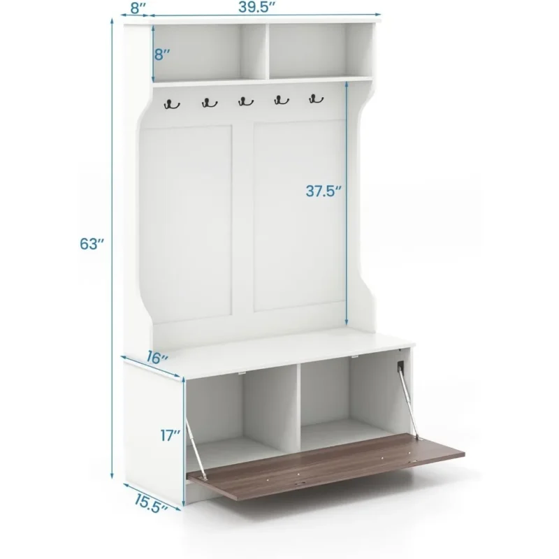 Rustic Wood Hall Tree with Storage Bench and 5 Double Hooks for Entryway - Image 4