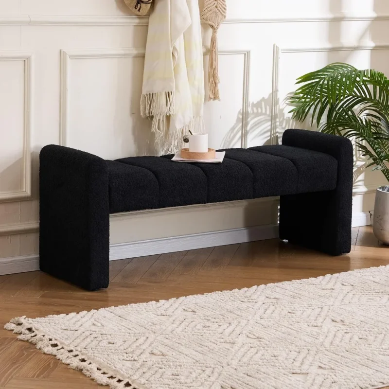 Modern Upholstered 54-Inch Channel Tufted Bench with Boucle Fabric for Bedroom and Living Room