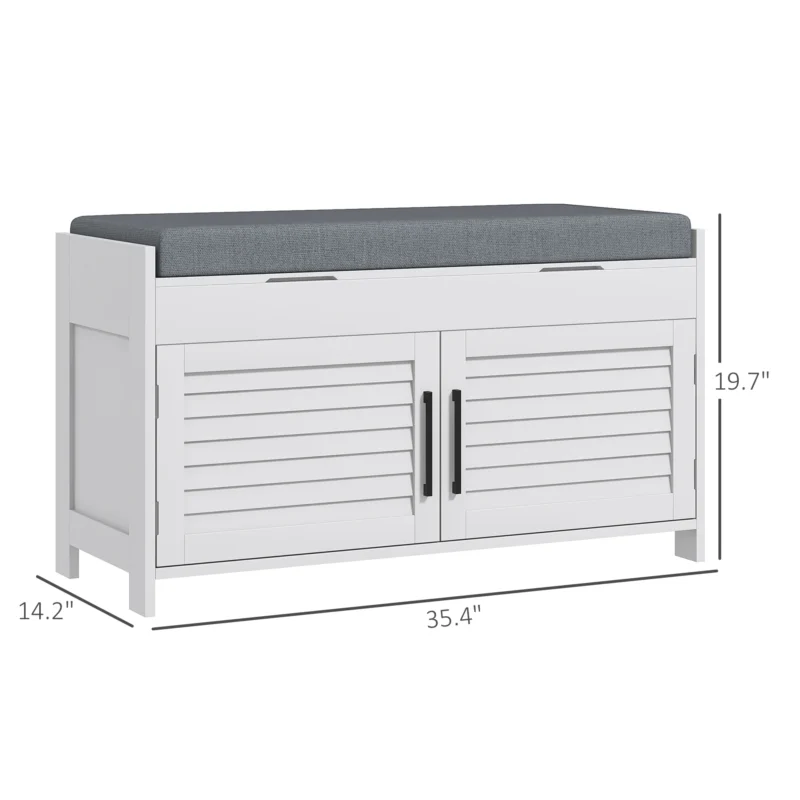 Modern White Wooden Entryway Bench with Hidden Storage and Cushioned Seat - Image 3