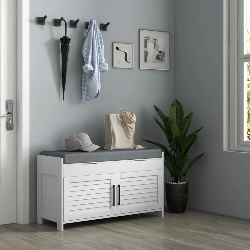 Modern White Wooden Entryway Bench with Hidden Storage and Cushioned Seat - Image 2