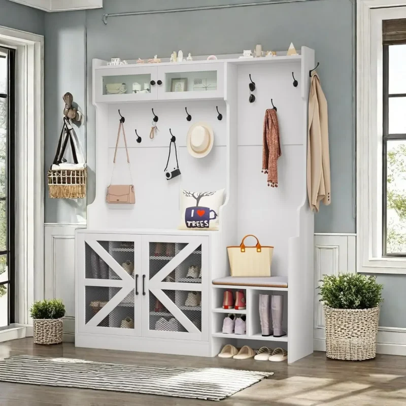 Farmhouse Wood Hall Tree with Storage Bench and Coat Rack for Entryway