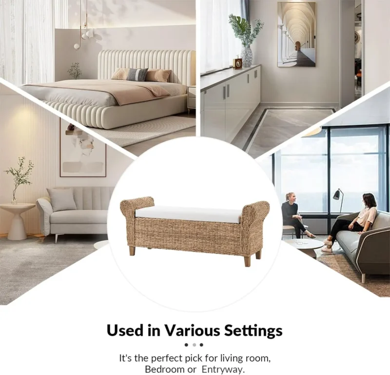 Rustic Upholstered Rattan Storage Ottoman Bench with Roll Arms for Bedroom & Living Room - Image 6