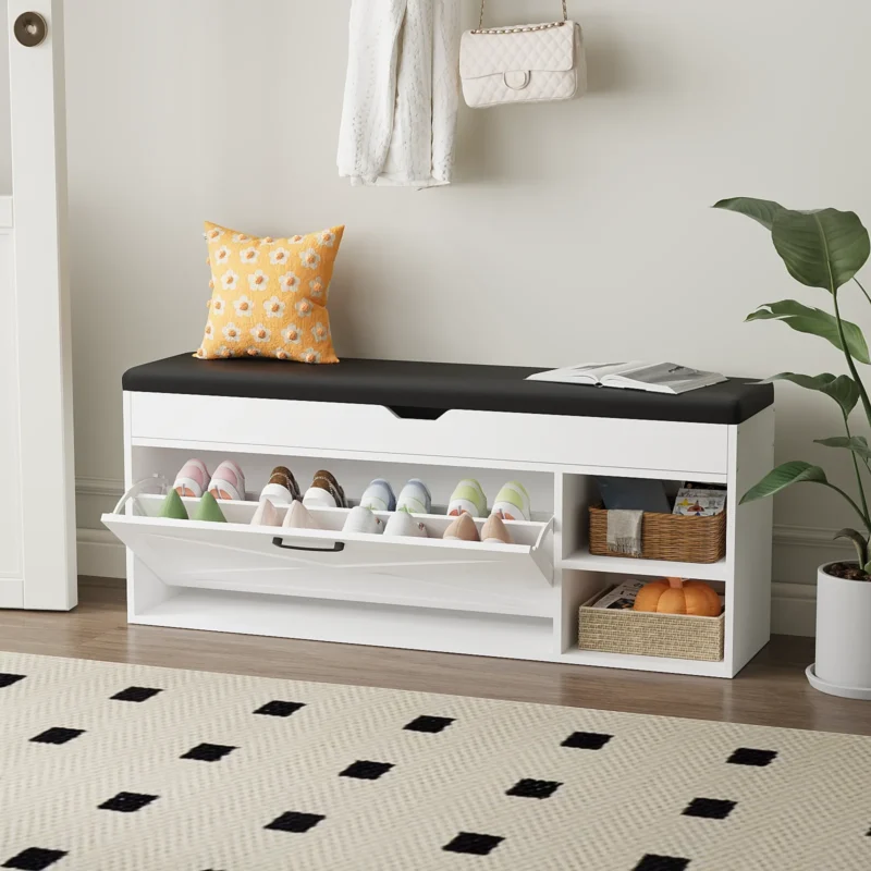 Modern 3-Compartment Entryway Shoe Bench with Flip Drawer for Hallway