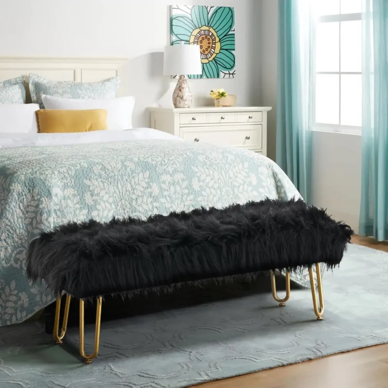 Modern Black Faux Fur Ottoman Bench with Gold Legs for Entryway and Bedroom - Image 8
