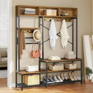 Farmhouse Hall Tree Entryway Bench with Coat Rack and Shoe Storage for Entrance