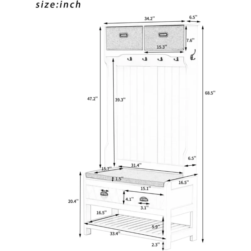 Rustic Hall Tree with Metal Hooks and Storage Drawers for Entryway Organization - Image 6